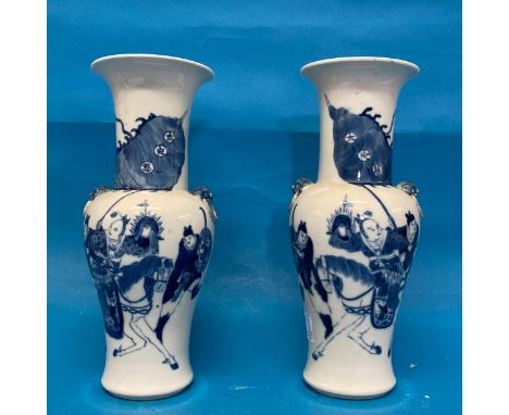 A pair of antique Chinese Blue and White Vases, the body decorated with warriors, with a six character Kangxi mark to base, 1