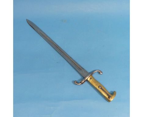 A Mauser Bayonet 1871, the back edge marked 'W75' beneath a crown, with a hooked quillon and a brass grip, overall 54cm long,