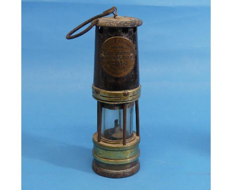 An antique brass and iron Miners Lamp by Hailwood &amp; Ackroyd Ltd Leeds,&nbsp;the brass plaque&nbsp; embossed, 'Hailwoods I