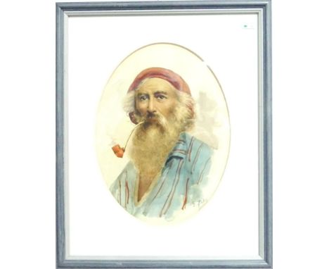 G. Filio (19th/20th century Continental School), Portrait of bearded man smoking a pipe, oval, watercolour, signed, 30cm x 22
