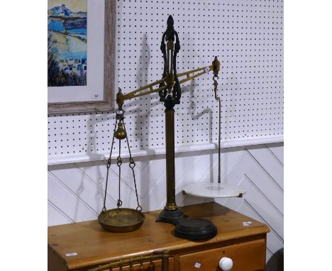 A set of antique Scales by Widdowson Stockport, W 72cm x H 86cm x D 37cm, together with a set of Salters No. 20T Trade Spring