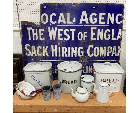 A collection of vintage enamel ware, including Bread Bins, sponge-ware measuring jugs, colander,&nbsp; ladles, tea pot, coffe