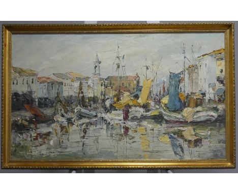 Renata Gualtieri (Italian 20th Century), "Porto Canale: baroche in soata", Cesenatico harbour, oil on canvas, signed, 60cm x 