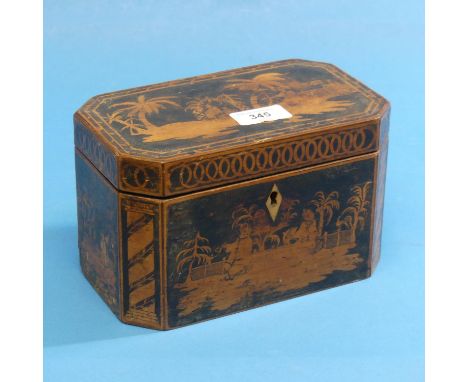 An early 19thC Chinoiserie Tea Caddy, W 20.25cm x H 12cm x D 12cm, minor fading and damage, together with a 19thC turned frui
