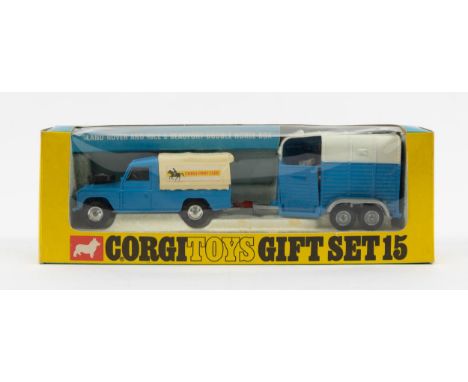 Corgi Toys Gift Set 15. Land Rover And Rice's Beaufort Double Horse Box. In light blue and white livery, Land Rover with yell