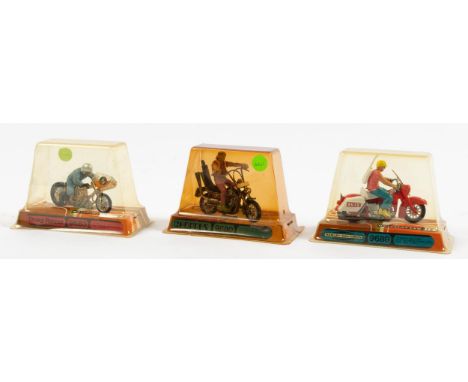 3x Britains 1970s Motorcycles. Chopper 9680 in a badly discoloured bubble top pack, (cracked), Drag Racer 9683 in a slightly 