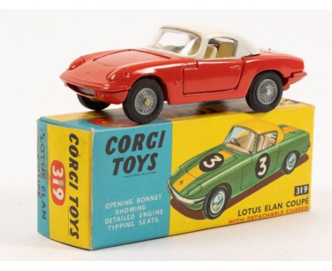 Corgi Toys Lotus-Elan Coupe (319). In red with a white hard top, white interior. Boxed, very minor wear. With correct leaflet