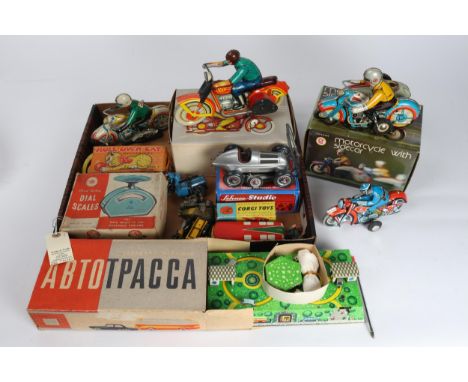A small collection of various makes, includes,  USSR  made Tinplate "ABTOTPACCA" and a Tinplate motorcycle with rider, A made