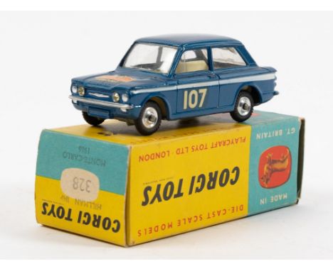 Corgi Toys 1965 Monte-Carlo Hillman Imp (328). In dark metallic blue with 107 racing numbers, FRW306C numberplates, Monte-Car
