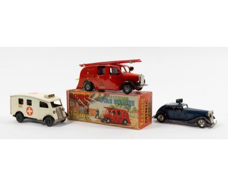 3 Tri-ang Minic Emergency Services Vehicles. Fire Engine 62M in red with black wings, hollow brass bell, with red 2 piece pla