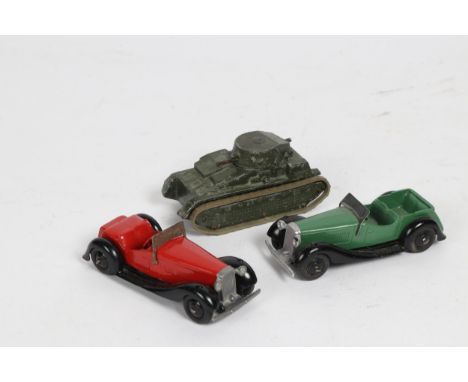 3 Dinky Toys. 2 British SALMSON sports cars. includes 2 seater with red body, black chassis and black wheels and tyres, tinpl