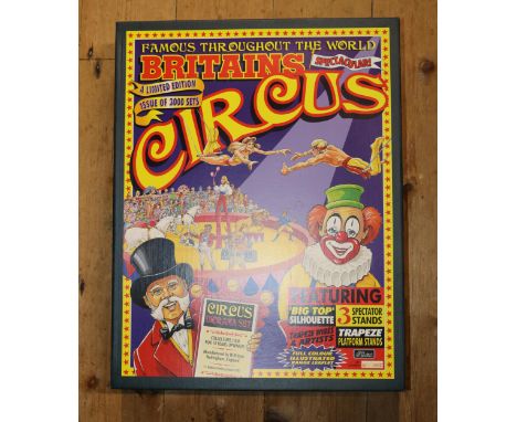 A Britains Circus Diorama Set 8665. Featuring 'Big Top' silhouette, 3 spectator stands, trapize wires and artists, trapize pl