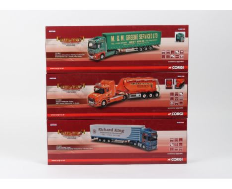 3 Corgi Limited Edition Hauliers of Renown series Trucks. CC13821 Mercedes Actros (Face lift) vinyl curtainside, M&amp;M Gree