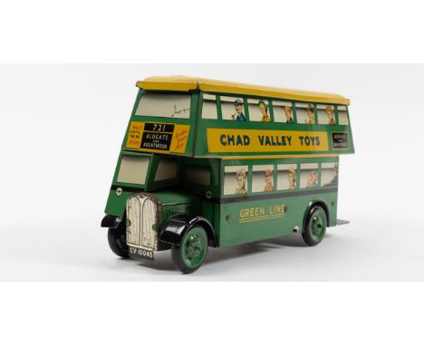 A rare Chad Valley Green Line Double Deck Bus. In green and cream livery with 'Chad Valley Toys' and 'Stop!' etc to sides. Ro