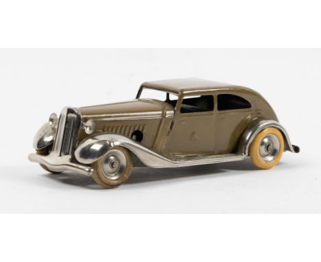 A pre-war Tri-ang Minic Sports Saloon 4M. A first series example with fawn body with plated mudguards/running boards, radiato
