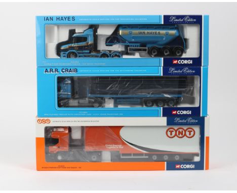 3 Corgi Limited Edition Trucks. CC12004 MAN Flat Bed Trailer With Container Load, A.R.R. Craib Transport Ltd. CC12111 Renault