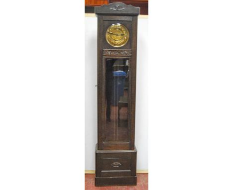 1940s oak longcase clock, the movement striking on gongs, stamped MS, 211cm high.