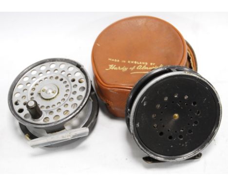Hardy's of Alnwick 'The Perfect' 3 5/8in fishing reel with brass foot and tan pouch; also a Hardy Zenith reel (rim broken).  