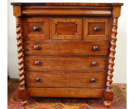 Victorian mahogany Scotch chest with concealed frieze drawer, three short and three long drawers on turned feet, 122cm high a