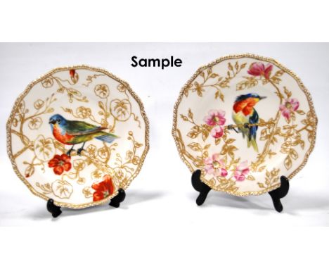Set of six Derby gilt enamel porcelain dessert plates, painted with ornithological specimens, impressed 'Derby' marks, 22cm d