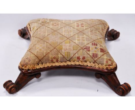 Victorian mahogany tapestry footstool, 34cm long.