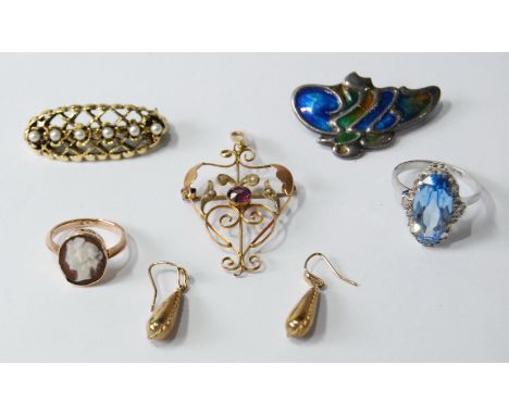 Silver and enamel brooch of Arts & Crafts style in shades of blue and green, 'silver', another, a pair of earrings, a pendant