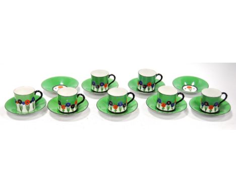 Art Deco Royal Worcester sixteen-piece coffee set with enamel decoration of stylised flowers, puce printed mark, 5.5cm high.