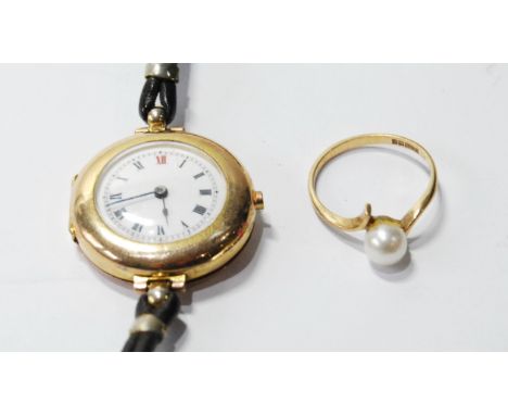 Lady's 9ct gold watch, 1915, on strap, and a similar pearl ring.  (2)