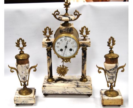 French marble portico clock garniture with floral enamel Arabic dial, the clock 42cm high, the urn-shaped garnitures 29cm hig