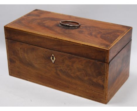 George III line inlaid tea caddy with white metal handle and ivory escutcheon, 31cm long.