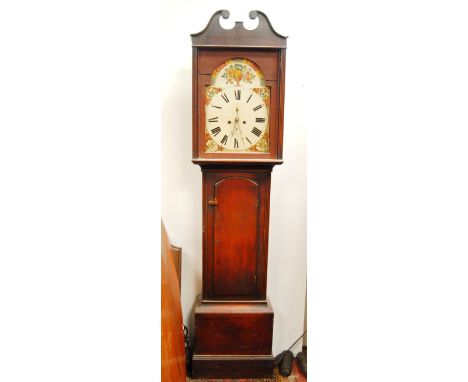 Victorian mahogany longcase clock with floral enamel dial, 216cm high.