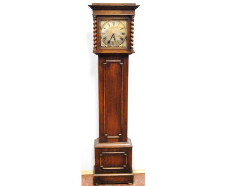 1920s oak Jacobean style longcase clock, the repeating movement striking on gongs, 186cm high.