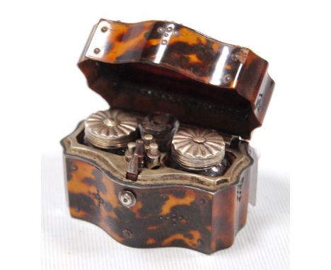 George III serpentine tortoiseshell pen and ink case, the interior with two inkwells, a glass seal with rose intaglio and pro