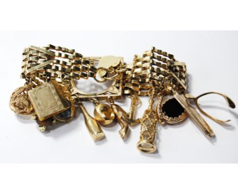 9ct gold gate bracelet with various charms dependent. Condition Report 44g gross