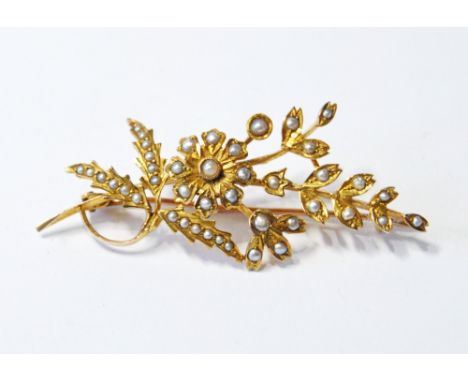 Victorian gold and pearl spray brooch, '9c'. Condition Report 6.4g.