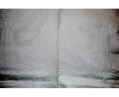 Art Nouveau Walter Crane white damask tablecloth with swans and landscape design within a fruiting tree border, inscribed 'Do