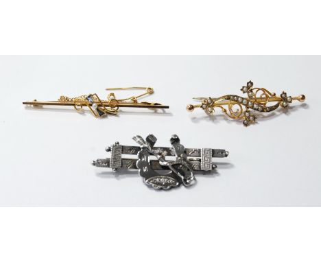 Gold spray brooch with pearl, another with tiny sapphires and pearls, and a silver brooch.  (3)