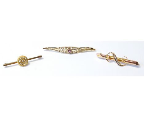 Gold pin with pearl and diamond cluster and two others. Condition Report 7g