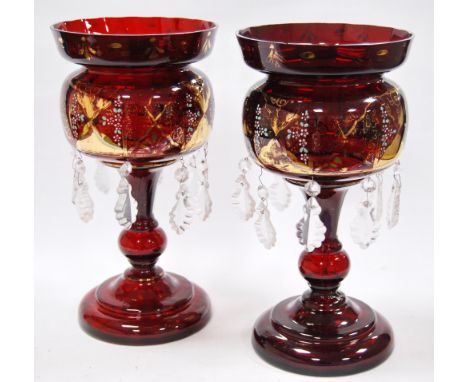 Pair of Bohemian ruby gilt enamel table lustres with tear-shaped drops, 31.5cm high.