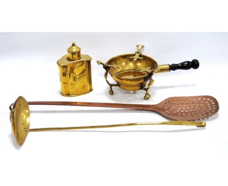 George III brass tea caddy, a ladle, a copper skimmer and a tripod warming dish.  (4)