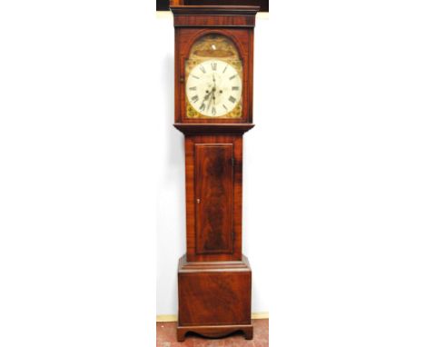 Early 19th century longcase clock, the enamel dial with coursing scene with line inlaid mahogany case, 220cm high.