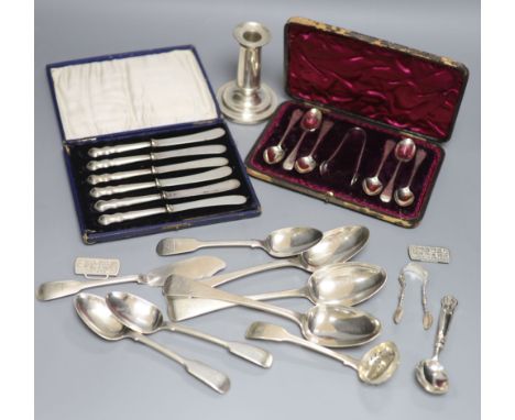 Mixed silver etc. including seven 19th century silver spoons, a silver butter knife, silver dwarf candlestick, pair of silver