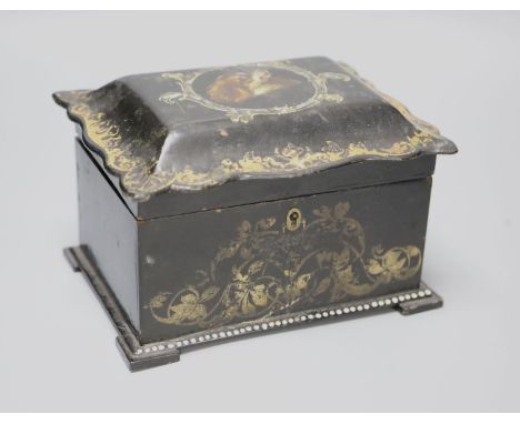 A 19th century black papier mache tea caddy cover painted with a central cartouche of a dog's head within mother of pearl dec