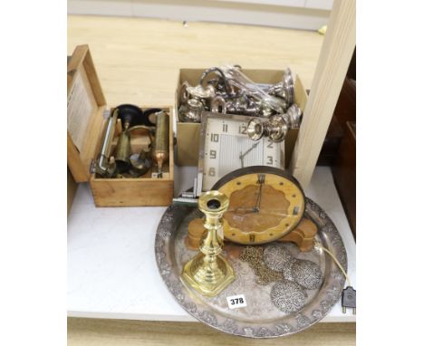 A quantity of silver plated cutlery pair of two branch three light candelabra and tray, Art Deco chrome clock, similar wooden