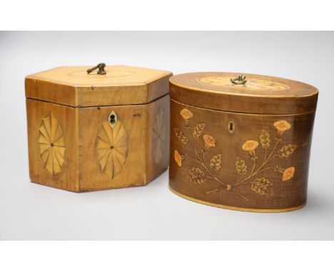 A George III oval marquetry tea caddy and a hexagonal caddy. tallest 11.5cm
