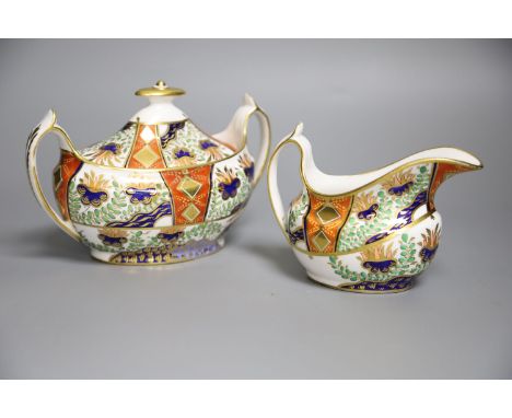 A Spode sucrier and cover painted in imari style with pattern 2213 and a matching 2213 cream jugCONDITION: Good condition