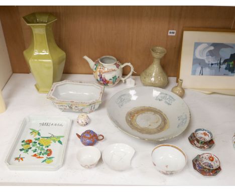 A quantity of mixed Chinese ceramics including a famille rose teapot, tallest 31cm