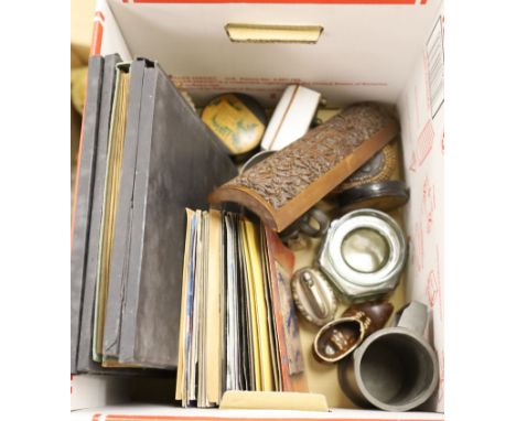 A quantity of mixed collectables including an enamelled Milk Shop sign, a mother of pearl overlaid card case, lead toy soldie