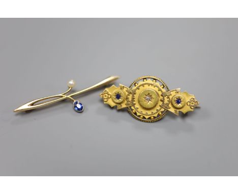 A 15ct gold, diamond and sapphire gypsy-set bar brooch and a 15ct gold foliate form pearl and sapphire set bar brooch, gross 