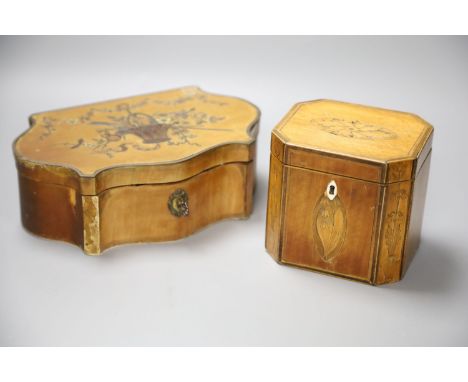 A marquetry serpentine work box, length 23.5cm, and an octagonal tea caddy
